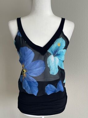 Floral V-Neck Sheer Tank Top - Black with Blue Floral Print
